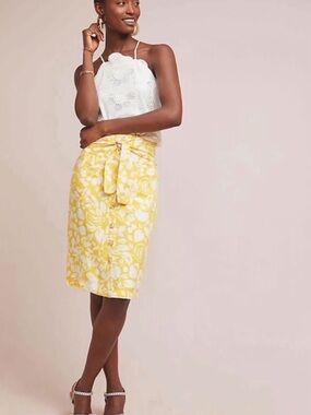 Anthropologie 52 Conversations Linen Lemon Skirt Sz 12